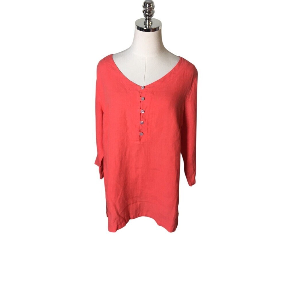 Russ Berens Top Women's Size Small Orange Red 100% Linen Long Sleeve Button Clos